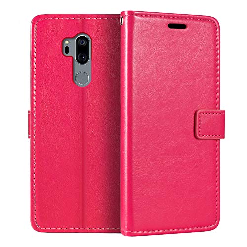 Shantime Funda de Cuero Compatible con LG G7 One, Diseño Ejecutivo Magnética, 3 Ranuras, Marco para Foto y Cartera Oculta(Rojo Rosa)