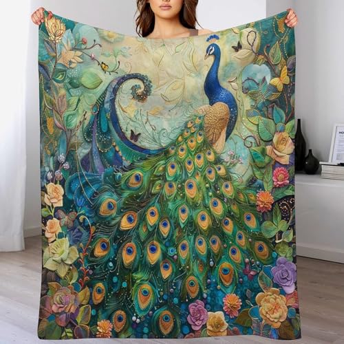 Peacock Throw Blanket,Vintage Palace Style Luxury Abstract Art Gorgeous Feather Floral Pattern Soft Cozy Warm Flannel Blankets for Sofa Couch Bed Gifts for Lover Kids Women Adults 70x80 Inch