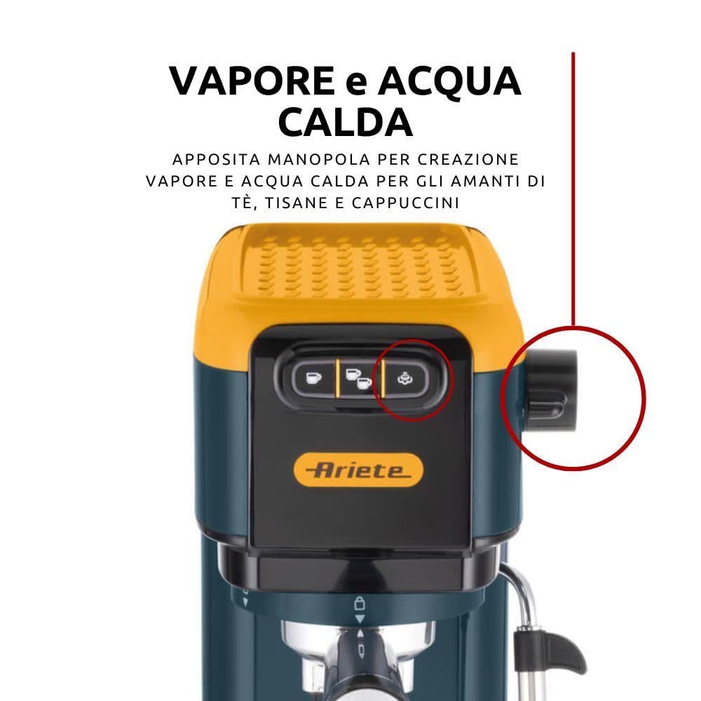Ariete 1399 Macchina da caffè espresso Mango Yellow, Per polvere e cialde ESE, 1300 W, Capacità 1,1L, 15 bar di pressione, Filtro 1, 2 tazze e cialda ESE, Cappuccino, Giallo