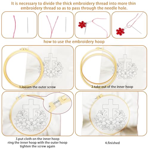 Image of BEUNITONE 4Set Cross and Flowers Pattern Embroidery Kit for Adult Beginners | DIY Cross Stitch Kits, Complete Needlepoint Kits for Adults, Handmade Embroidery for Gifts, Fabric and Home Decor 20x20cm