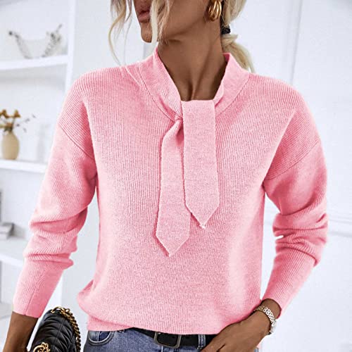 Women's Fashion Bow Tie Neck Knitted Sweater Casual Solid Pullover Sweater Fall Cozy Soft Jumper Cute Blouse Tops Pink #TOP3