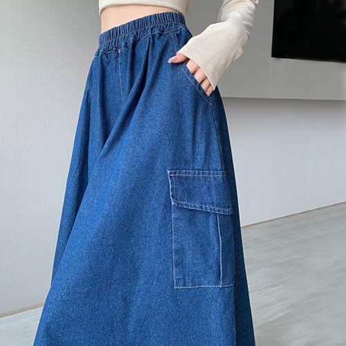Women's Retro High Waisted Elastic Fly Flared Long Jean Skirts Pleated Flowy Swing A-line Denim Skirt with Pocket4