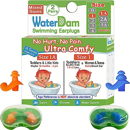 WaterDam A-Series Swimming Ear Plugs Ultra Comfy Great Waterproof Earplugs (Mixed Sizes, Size 1A+1: Toddler Little Kids 10m-6yrs & ExtraSmall Ear...
