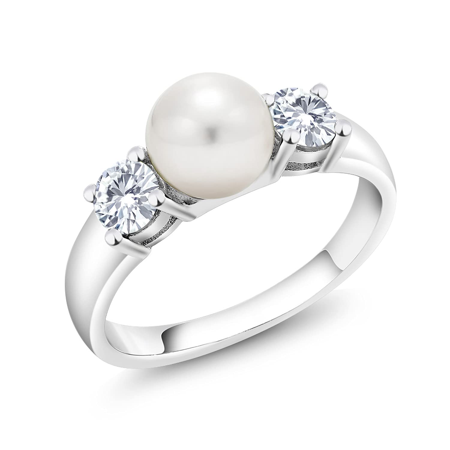 Gem Stone King Freshwater Pearl and White Moissanite Ring For Women | 925 Sterling Silver | 0.66 Cttw | Wedding Engagement Anniversary Promise Ring