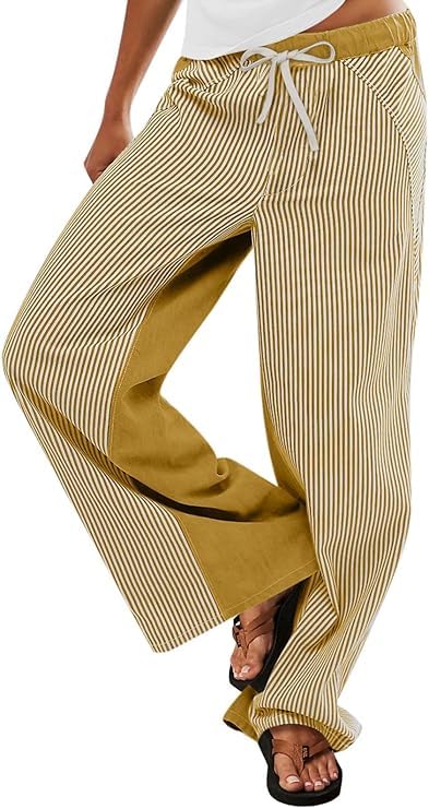 Women's Low Rise Striped Pants Casual Drawstring Pull-On Trousers Boho Wide Leg Jeans