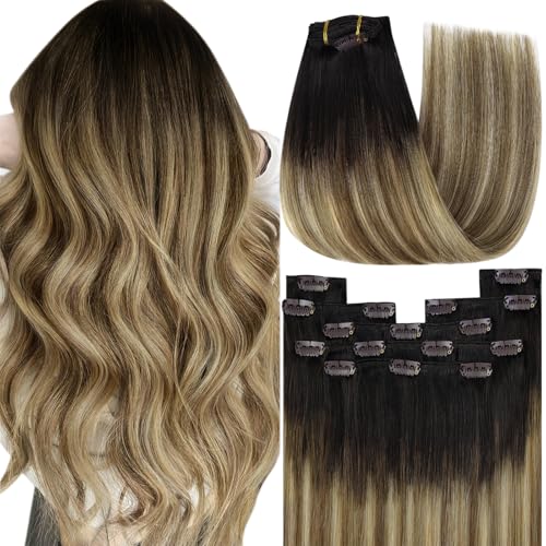 Image of YoungSee 135g Clip in Human Hair Extensions Balayage Remy Clip in Hair Extensions Dark Brown Ombre Medium Brown with Blonde Can Be Heat-styled Real Hair Extension Clip ins Human Hair 18 Inch 7pcs