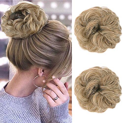 MORICA Messy Hair Bun Extensions 2PCS Curly Wavy Messy Synthetic Chignon Hairpiece Scrunchie Scrunchy Updo Hairpiece for women(Color:27/613#)