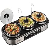 Triple Slow Cooker with Non-Skid Feet, 3×1.5 QT Slow Cooker Buffet Server, 3 Pots Food Warmer Adjustable Temp Lid Rests Stainless Steel Manual Silver for Parties Holidays Families