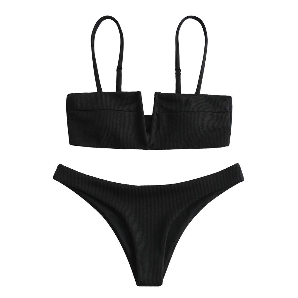 ZAFUL Women's Ribbed Deep V-Wired Bikini Set Straps Knot-Back Bathing Suit Padded Swimsuit
