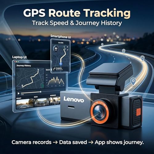 Image of Lenovo 3 Channel Dash Cam (T9-B3G) | Front 4K + Inside & Rear 1080P, Touchscreen DVR Playback, WiFi GPS, Night Vision, Parking Monitor, G-Sensor, Loop Recording