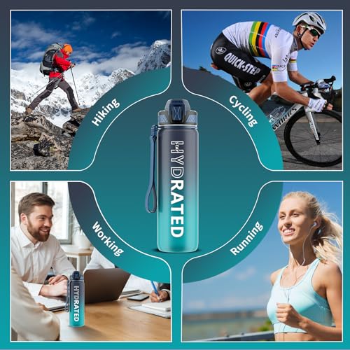 QLUR Trinkflasche, 1L BPA-Frei Tritan Wasserflasche mit Strohhalm, Trinkflasche Sport Auslaufsicher mit Zeitmarkierung und Bürste, Sportflasche für Fitness, Schule, Yoga, Outdoor(1 Flasche)