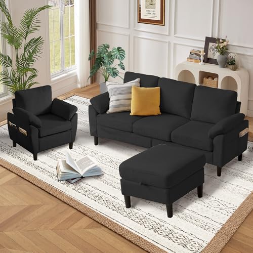 Image of 3 Pieces Corduroy Sofa Set for Living Room with Sofa, Storage Ottoman and Single Chair