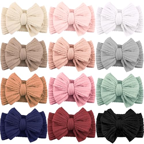 Image of ALinmo 12 Pack Baby Headbands Super Soft Stretchy Nylon Hair Bands Hair Bows Hair Accessories for Baby Girls Newbrons infants Toddlers
