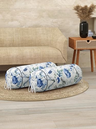 Image of Clasiko Cotton Bolster Covers; Set of 2; 220 TC; Grey Blue Flowers; 30x15 Inches; 42158
