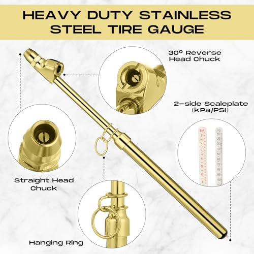 Image of Tallew 10 Pack Tire Pressure Gauge Heavy Duty Air Pressure Tire Gauge Dual Head Semi Truck Tire Pressure Gauge Range 10-150 PSI, Extended Tube Tire Gauge Suitable for Semi Truck, and Bus (Gold)