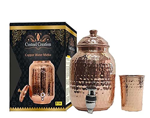 Custeel Creation Copper Water Dispenser - Hammered Copper -Container Pot Matka, Storage Water- 68OZ
