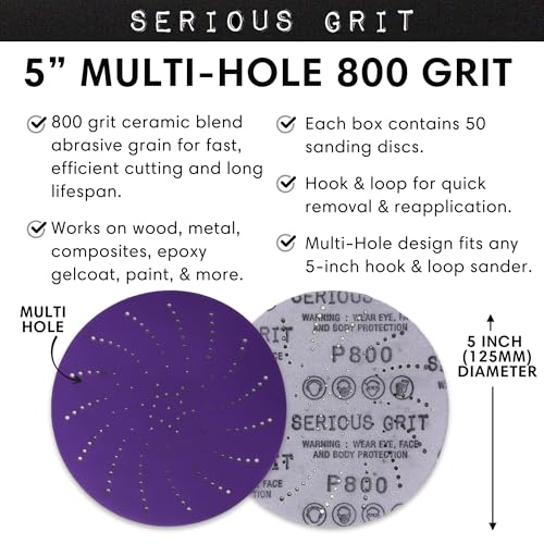 Image of Serious Grit - 5-Inch P800 Grit Ceramic Multi-Hole Sanding Discs - 50 Pack | Fits 5 inch Hook & Loop Sanders - Universal Dust Extraction Pattern - Film-Backed Heavy-Duty Sandpaper for Wood, Metal & Paint