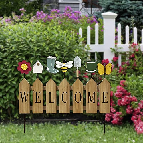 Liphontcta Welcome Fence Sign Yard Stake Farmhouse Wooden Decorative Flower Bee Butterfly Galoshes Shovel Bird House Kettle Sign Outdoor Decor For Garden Lawn Path Patio Pathway (18.1"X17.13") #TOP4