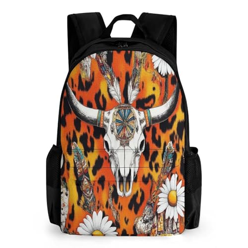 Womens Fashion Backpack, Cow Skull Leopard Print Daisy Western Floral Comfortable Versatile Commute Backpack with Side Pockets, Reusable Daypack for Travel