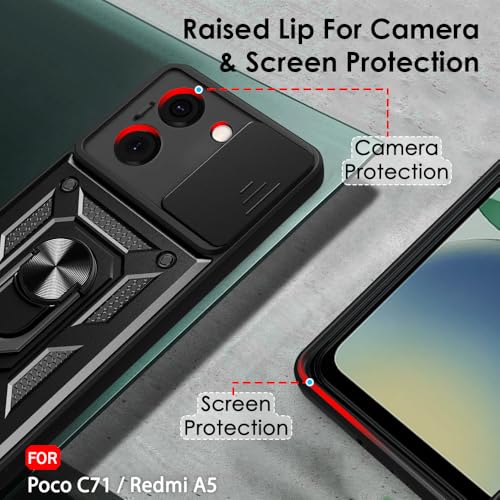 Image of TheGiftKart Tough Armor Bumper Back Cover Case for Poco C71 / Redmi A5 | Sliding Camera Cover, KickStand & Ring Holder | 360 Degree Protection Back Cover Case for Poco C71 / Redmi A5 (PC & TPU, Black)