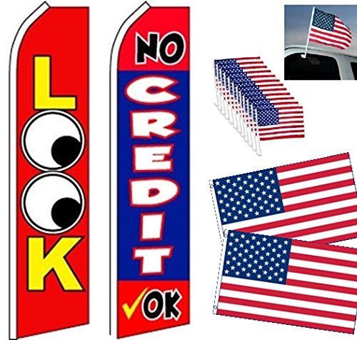 Car Auto Dealer Swooper Flag combo-LOOK-No Credit ok-12 US Window-2 US 3X5