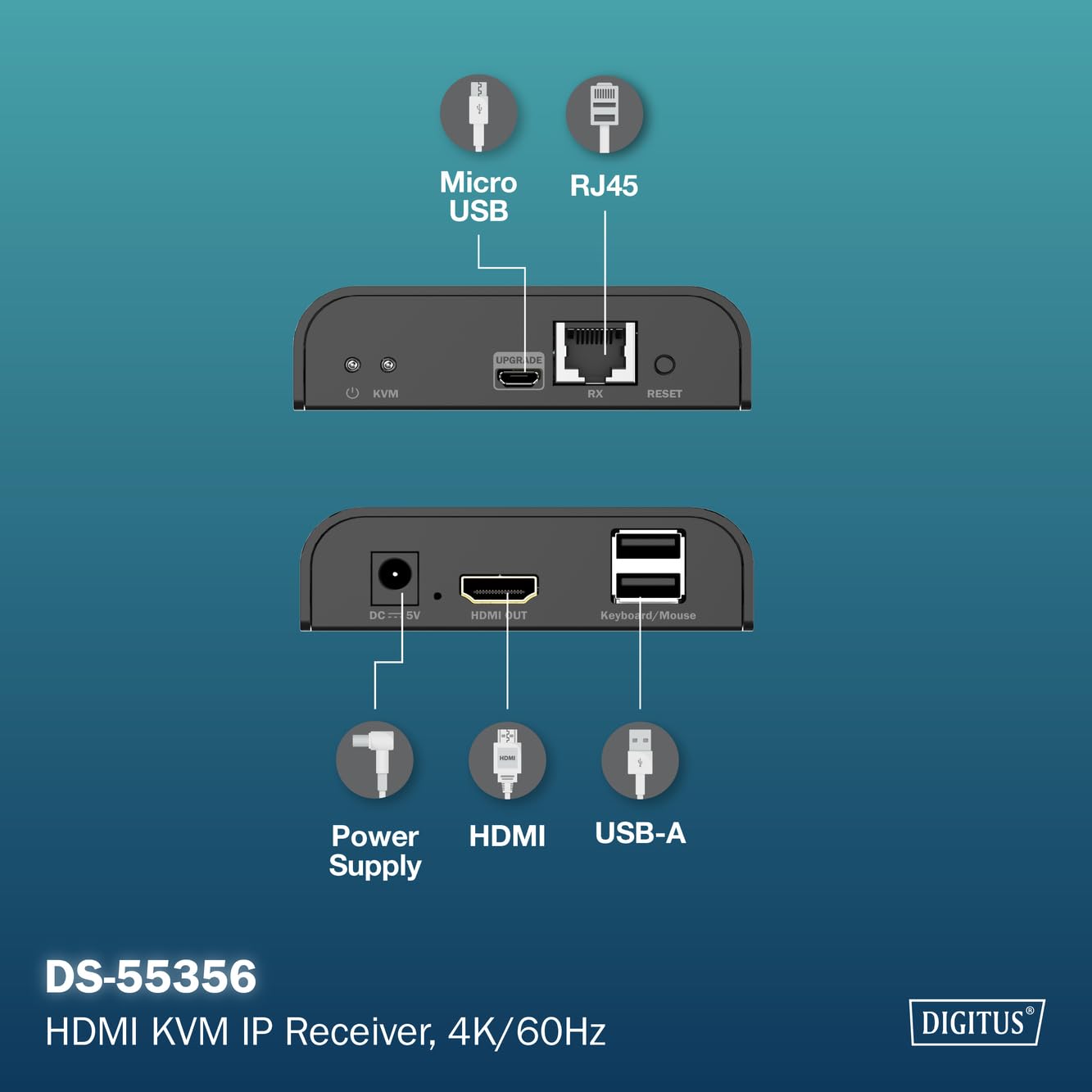 DIGITUS Ricevitore HDMI KVM IP per DS-55355 – UHD 4k 60Hz – HDMI 2.0 – portata fino a 200 m – unità ricevente – punto-multipunto – CAT 6 – nero