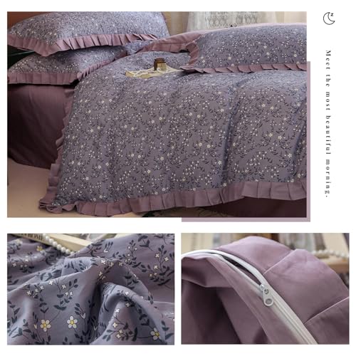 Image of VM VOUGEMARKET White Daisy Flower Duvet Cover Set Queen 100% Cotton Purple Ruffle Comforter Cover 3 Pcs Romantic Princess Bedding Duvet Cover with Zipper Ties 2 Pillow Shams