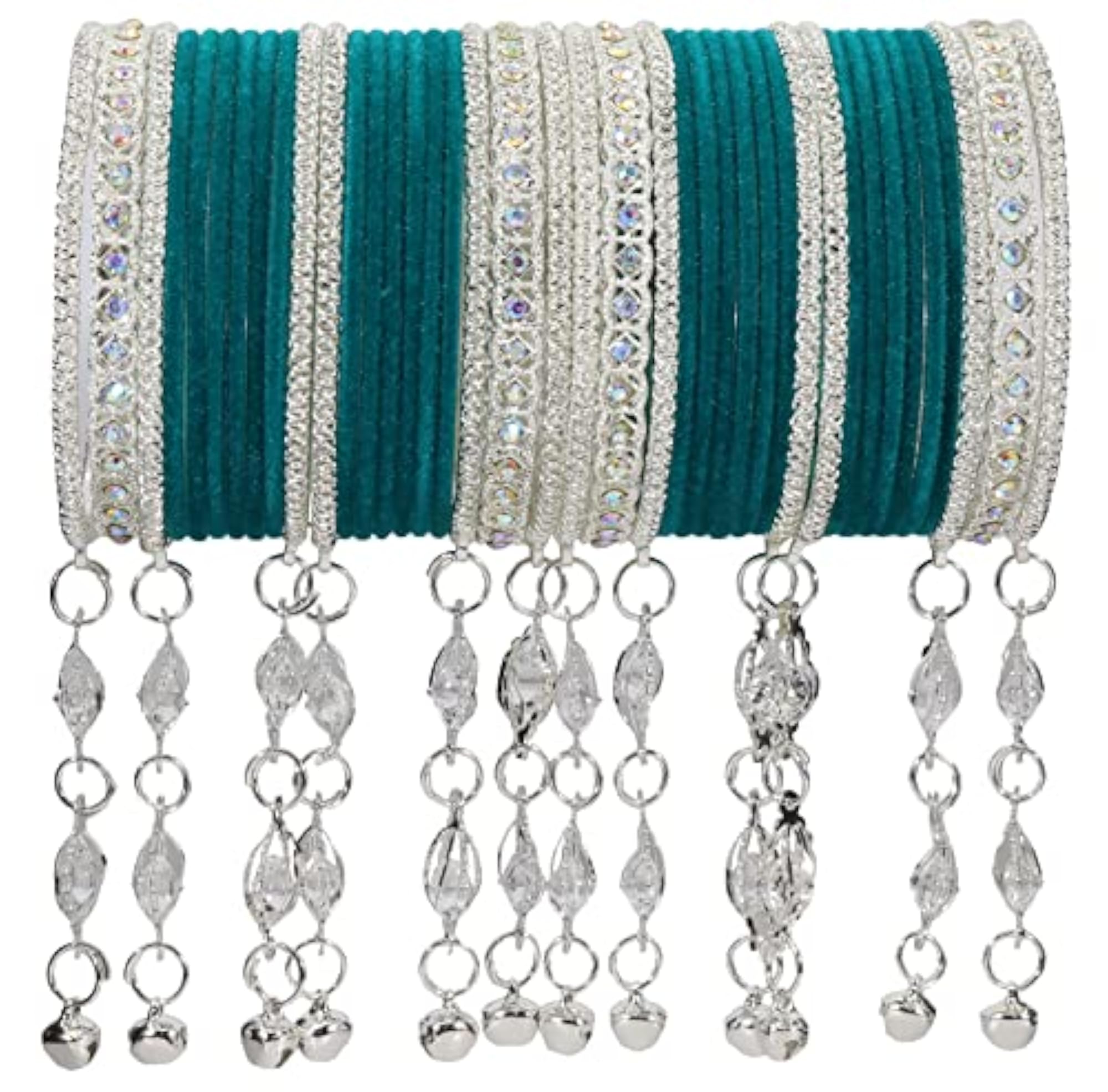 Metal with Zircon Gemstone and Bells Latkan Linked Velvet Bangles