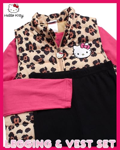 Image of Hello Kitty Girls Pants Set - 3 Piece Zip Up Vest, Long Sleeve Graphic Shirt, Fleece Pants - Matching Set for Girls (2T-12), Size 7, Leopard /Pink /Black