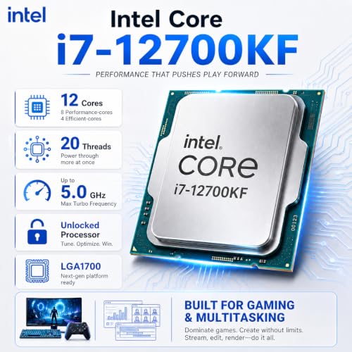 Image of Gaming PC Desktop Computer Liquid Cooled i7-12700KF up to 5.0 GHz 12-Cores, RTX 5060 8GB, 32GB DDR4 RAM, 1TB NVMe SSD, Wi-Fi 6 & Bluetooth 5.4, 9x ARGB, Win11 Pro, 650W PSU, High-Performance Tower