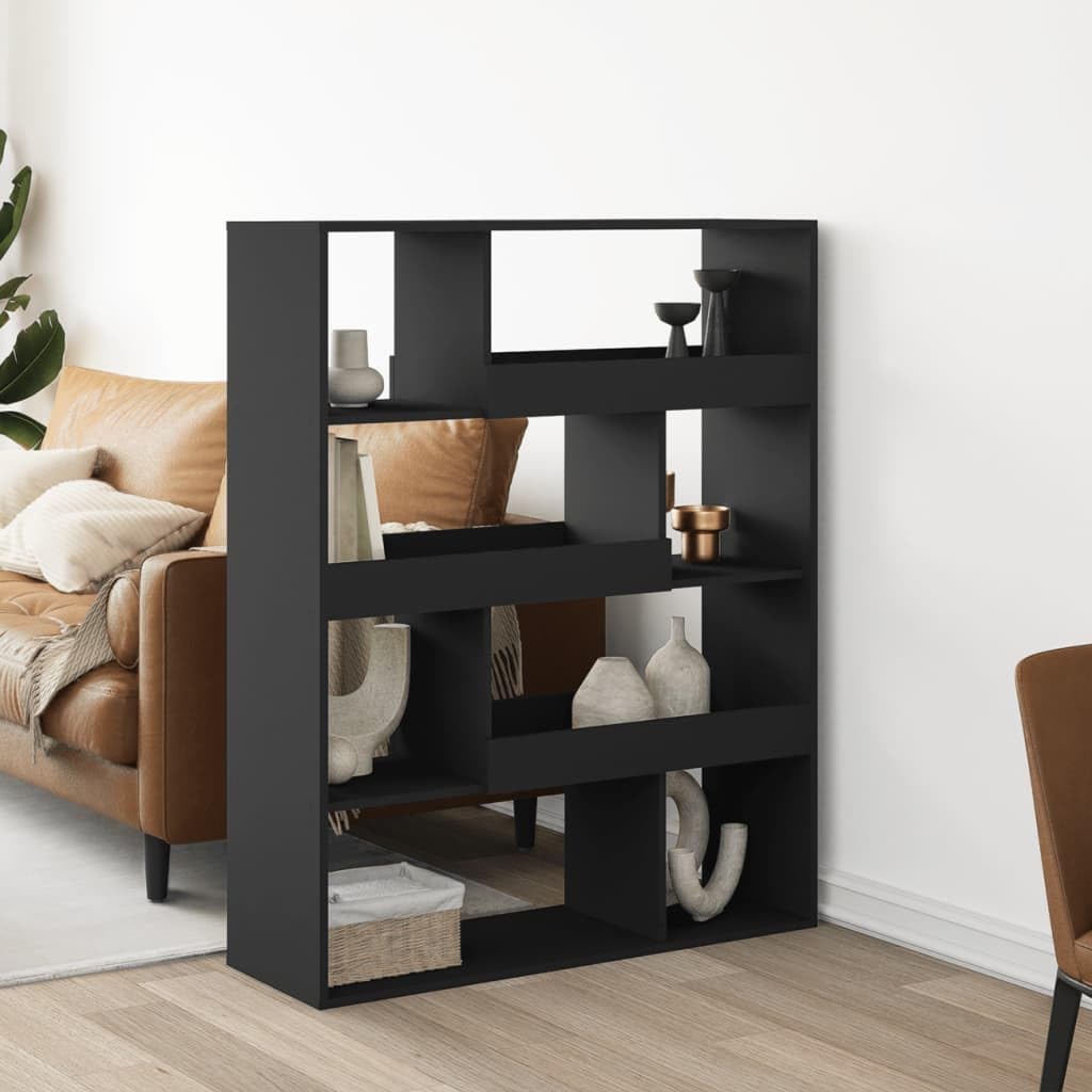 Paravent noir en bois de 8 compartiments avec étagère polyvalente pour la décoration de maison