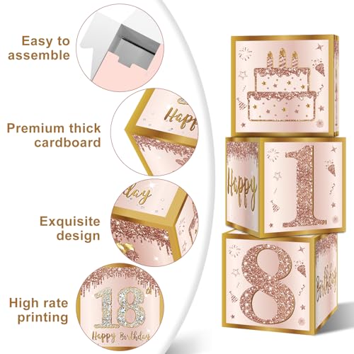 Image of Guiruiy 3Pcs 18th Birthday Decorations Boxes for Girls Women, Pink Rose Gold 18th Birthday Balloons Boxes Party Supplies, Pink Eighteen Year Old Bday Theme Cardboard Box Decor