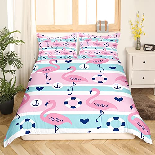 Erosebridal Tropical Bird Duvet Cover,Pink Flamingo Comforter Cover For Kids Boys Girls Teens,Geometric Striped Quilt Cover + 1 Pillowcase Twin,Nautical Anchor Love Heart Bedding Set #TOP2