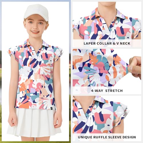 Image of Soneven Girls Ruffle Sleeve Polo Shirts V-Neck Golf Tennis T-Shirts Uniform Shirts Quick Dry for 4-14 Years