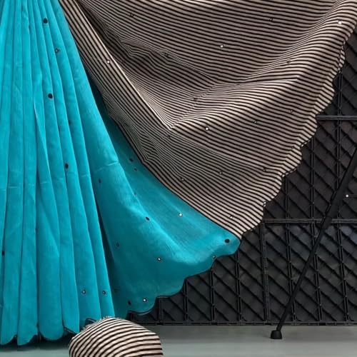 Image of Linen Cotton Saree with Black Mirror Work | New