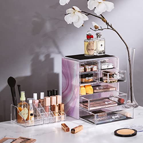 Image of Sorbus Acrylic Makeup Organizer Set, 7-Drawer Vanity & Countertop Cosmetic Storage with Small & Wide Compartments, Tie Dye Makeup Storage for Brushes, Jewelry - Holiday Gift for Women & Teens