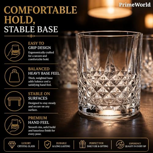 Image of PrimeWorld Diamond Rome Cut Crystal Whiskey Glasses Set of 6 pcs- 300 ml Bar Glass for Drinking Bourbon, Whisky, Scotch, Cocktails, Cognac- Old Fashioned Cocktail Tumblers