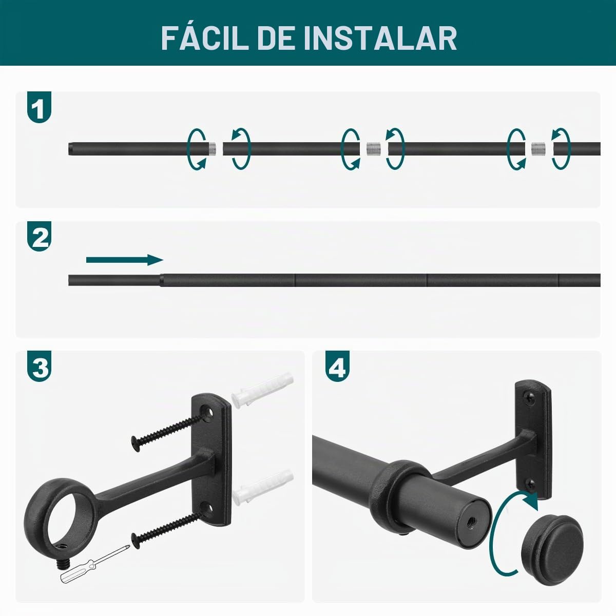 Barra de cortina para ventanas con tapa redonda, 80-380 cm, barra de cortina ajustable resistente para montaje en techo con soportes, barra de cortina colgante para montaje en pared