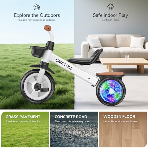 Umatoll Tricycle for Toddlers 2-5 Year Old, Ajustable Toddler Bike Outdoor Toys, Birthday Gift for Boy Girl Age 2-4, Trike with Light up Wheels