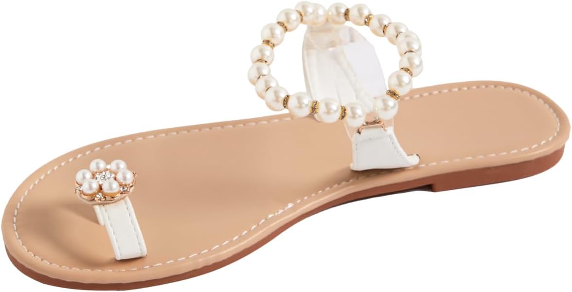 GORGLITTER Women's Clear Pearl Sandals Dressy Toe Ring Rhinestone Slide Wedding Vacation Bridal Flats Sandal 2025 - Image 2