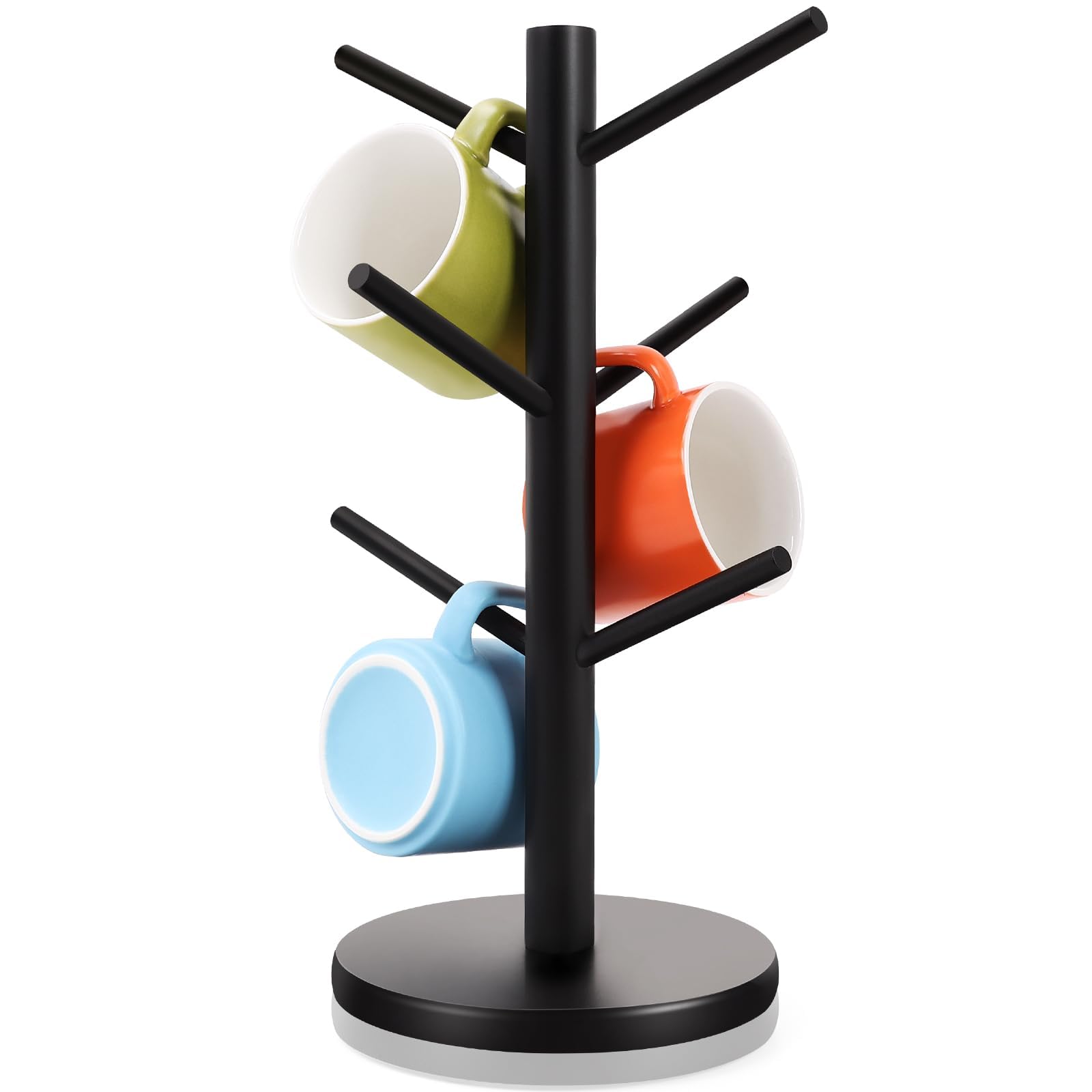 Mug Tree, Thicker Base Coffee Cup Holder for Countertop, Sturdy Wood Coffee Tree Mug Holder Stand with 6 Hooks, Non-Slip Mug Rack for Home Storage and Organizer, Coffee Mug Hanger