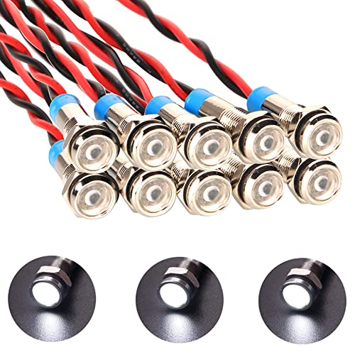 Gebildet 10pcs 6mm 1/4' AC/DC 12-24V LED Indicatore Luminoso in Metallo Lampada di Segnalazione Impermeabile Pilot Dash Direzionale con Filo (Bianco)