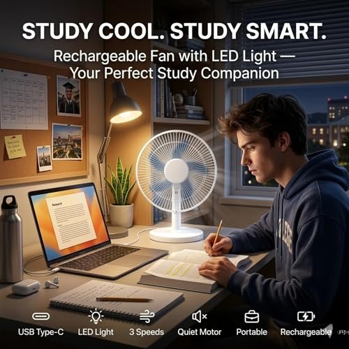 Image of 𝓓rumstone Rechargeable USB Type-C Table Fan with 5 Blade High Speed Motor, 3 Speed Settings, Built-in Lithium Battery, Oscillation Function & Bright LED Light, Portable Cooling Fan for Home, Office