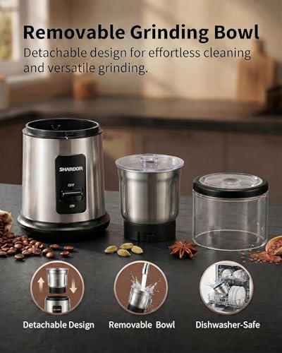 Image of SHARDOR Quiet Coffee Grinder Electric, 70g Removable Bowl Spice Grinder for Coffee Beans, Seeds and Grains, Super Silent Grinding Mill with 60dB Low Noise, 2.5oz Capacity, Silver
