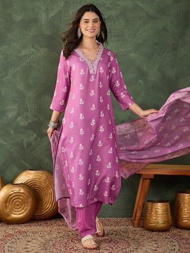 Image of Naixa Women's Rayon Embroidered Straight Kurta with Pant and Dupatta Sets (NX-780)