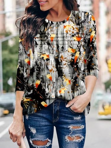 KISSMODA Women's Casual 3/4 Sleeve T-Shirts Round Neck Cute Tunic Tops Basic/Pleated Summer Tops Trendy Spring Blouses