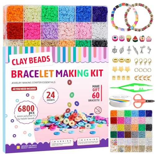 Image of Redtwo 6800 Pcs Clay Beads Bracelet Making Kit, Flat Preppy Beads for Friendship Bracelets, Polymer Clay Bead with Charms for Jewelry Making, Crafts Gifts for Girls Ages 6-12