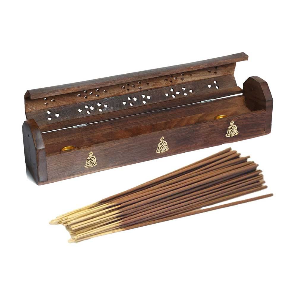 VR Angel Wooden Incense Stick Holder Storage Box With 10-15 Incense Sticks, Handmade Brown Coffin Box, Ash Catcher With Brass Inlay, Perfect for Any Occasion (Buddha Design) — image 1