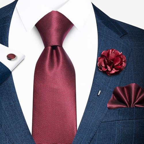 Image of Solid Color Ties Set Men Handkerchief Cufflinks Brooch 3.15 inches Classic Formal Necktie Pocket Square Set