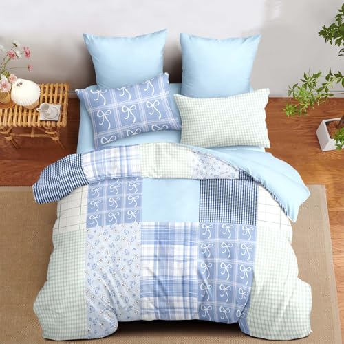 Image of Nayoroom Plaid Duvet Cover Queen Size Reversible Blue Patchwork Checkered Duvet Cover Dorm Bedding Set 3 Pieces Soft Lightweight Washed Microfiber Farmhouse Bedding Set Gifts for Women Men